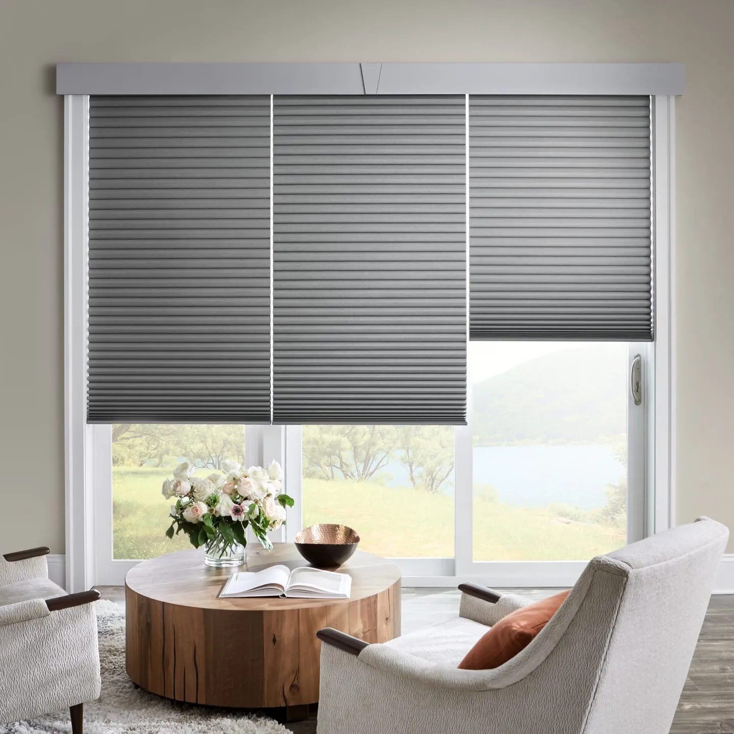 The same sliding door with gray Alta cellular shades