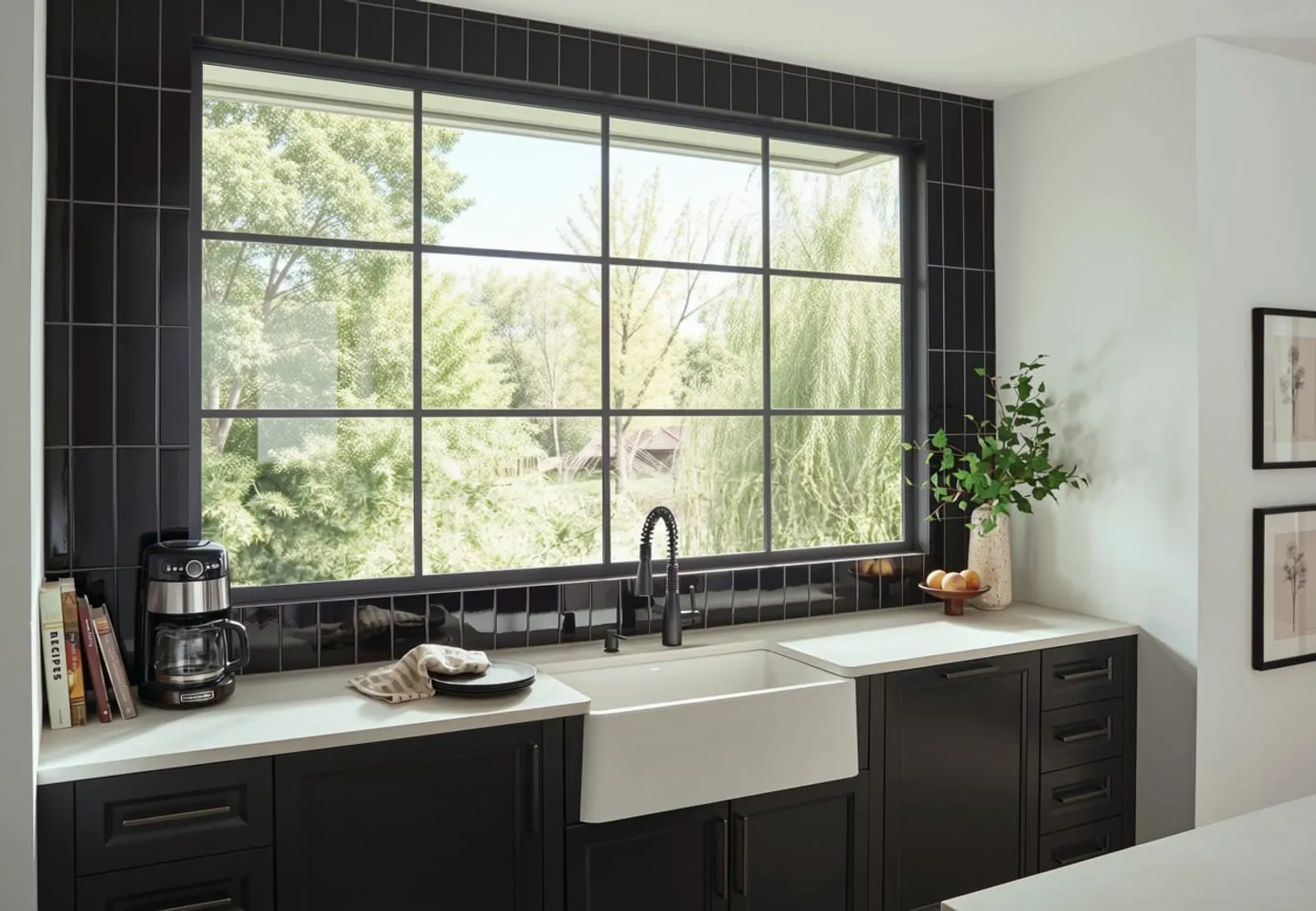 Kitchen window over a farmhouse sink with no shade