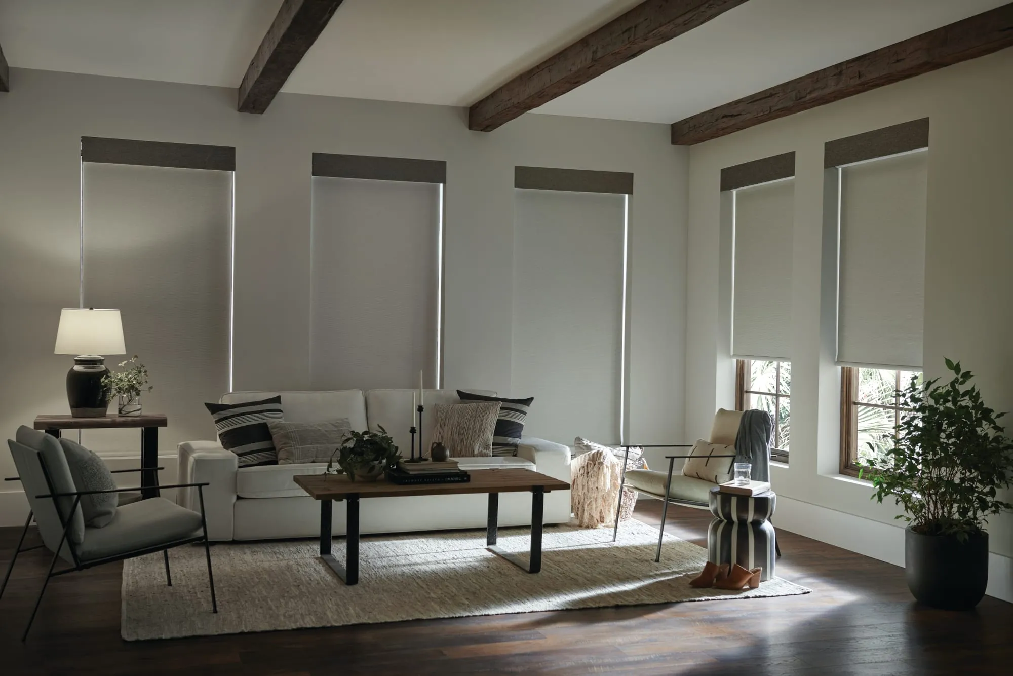 Alta roller shades on a row of windows in a living room with wood beams
