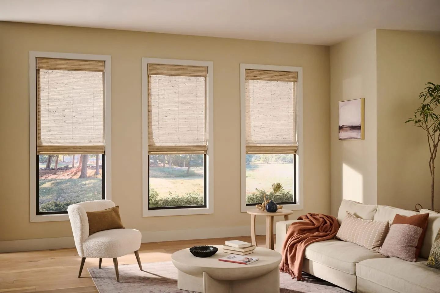 The same living room with Alta natural woven shades