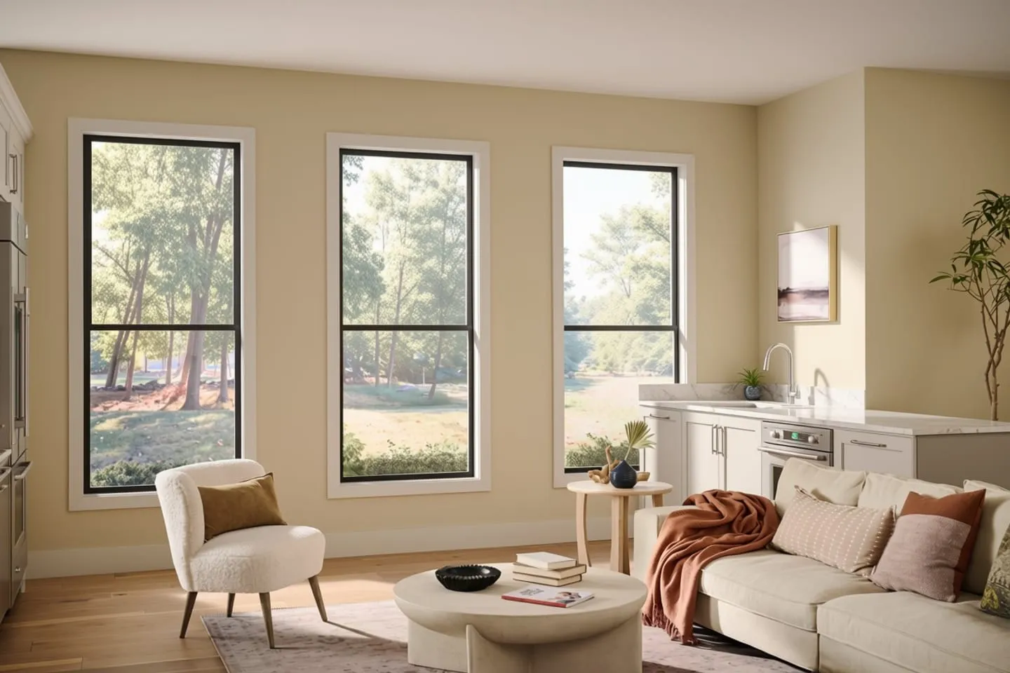 Living room with three bare windows