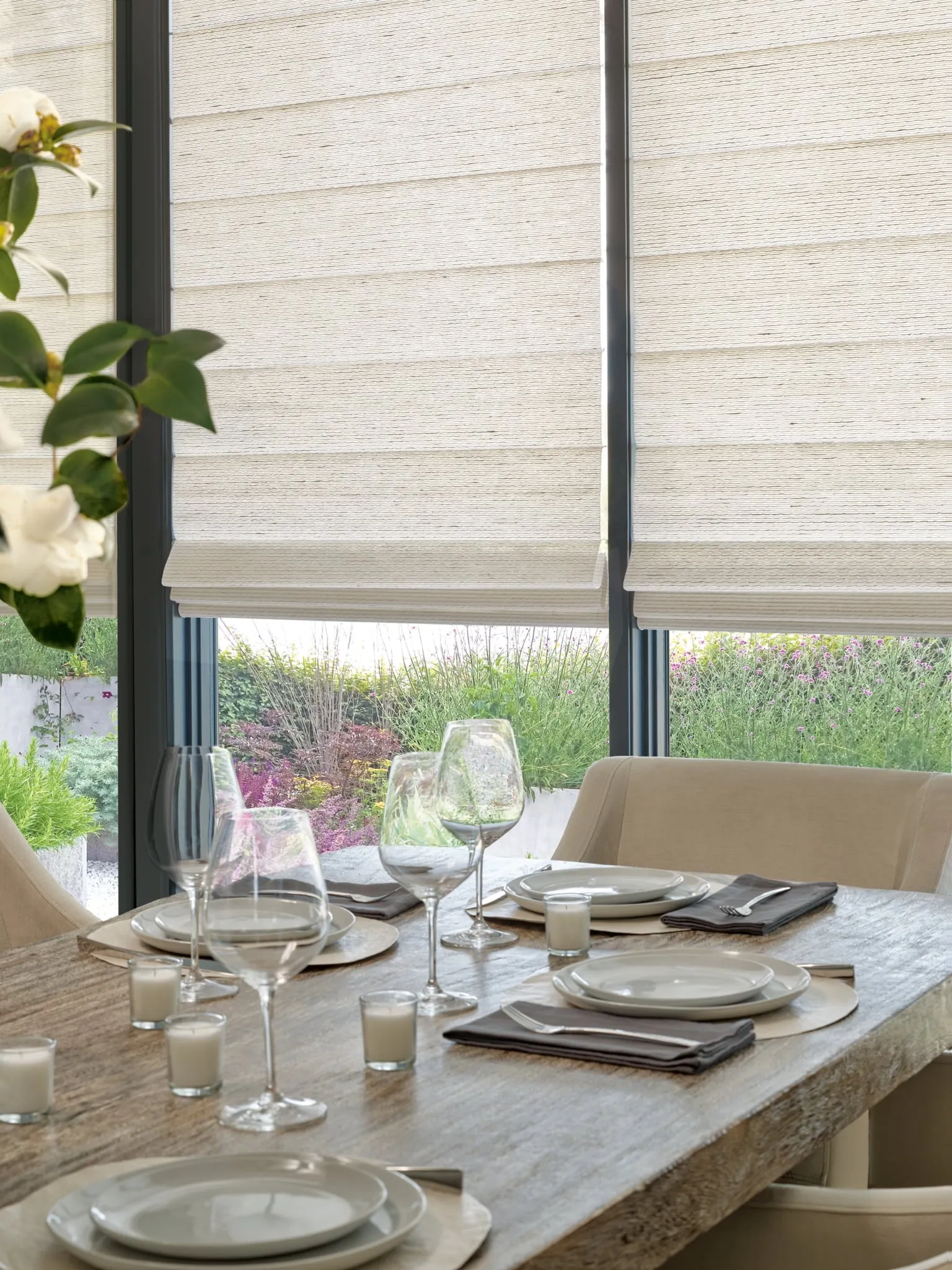 Alustra Woven Textures Roman shades over a dining table