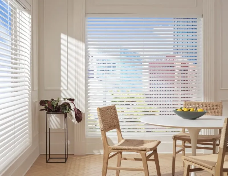 Aria soft blinds on a large dining nook window