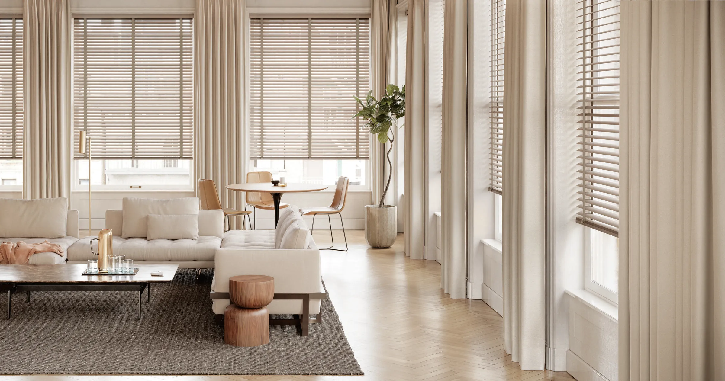 Living room with wood blinds