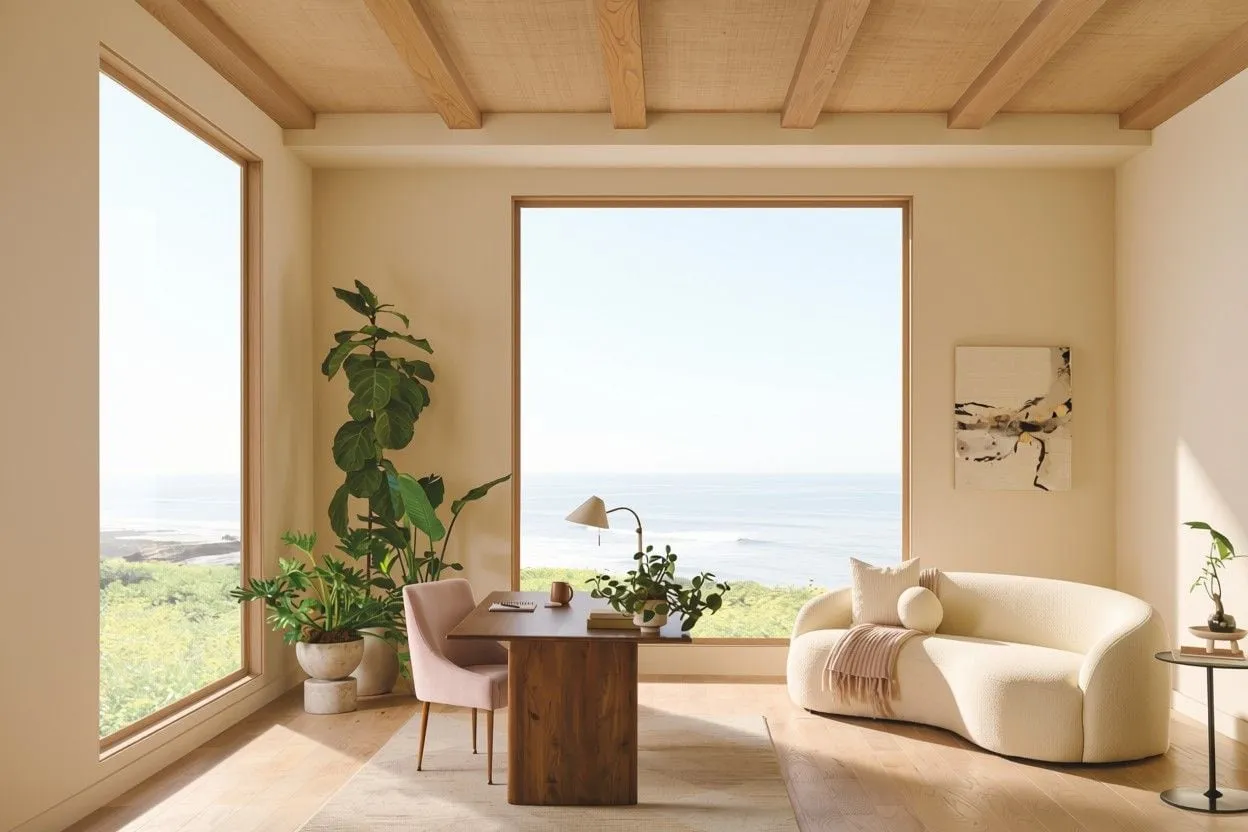 Sunny home office with ocean-view windows before window treatments