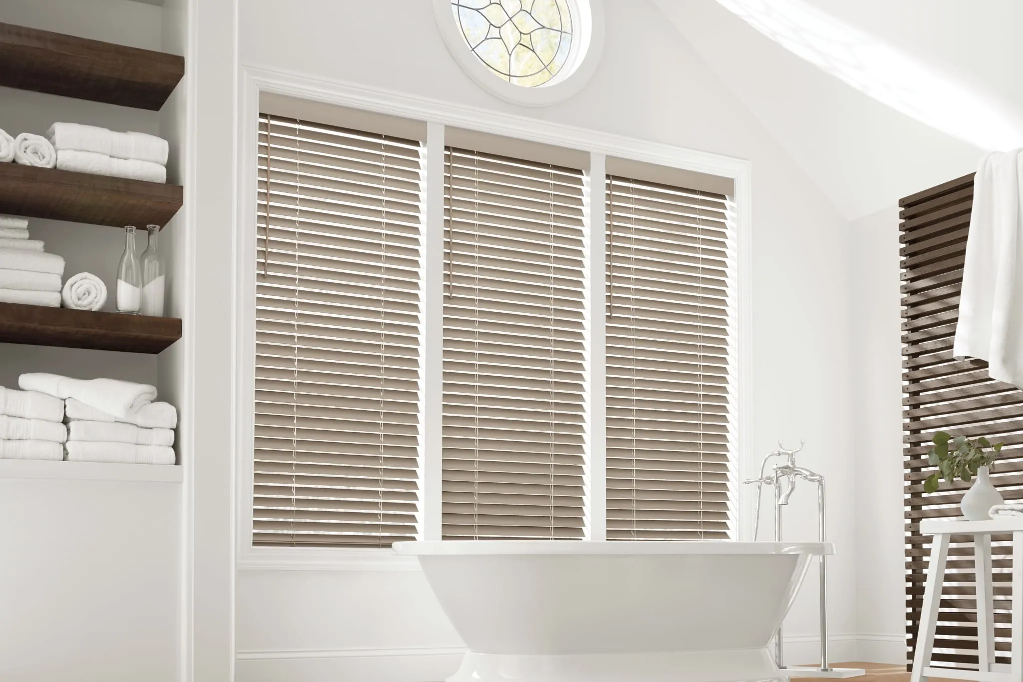 EverWood® alternative wood blinds in a bright bathroom