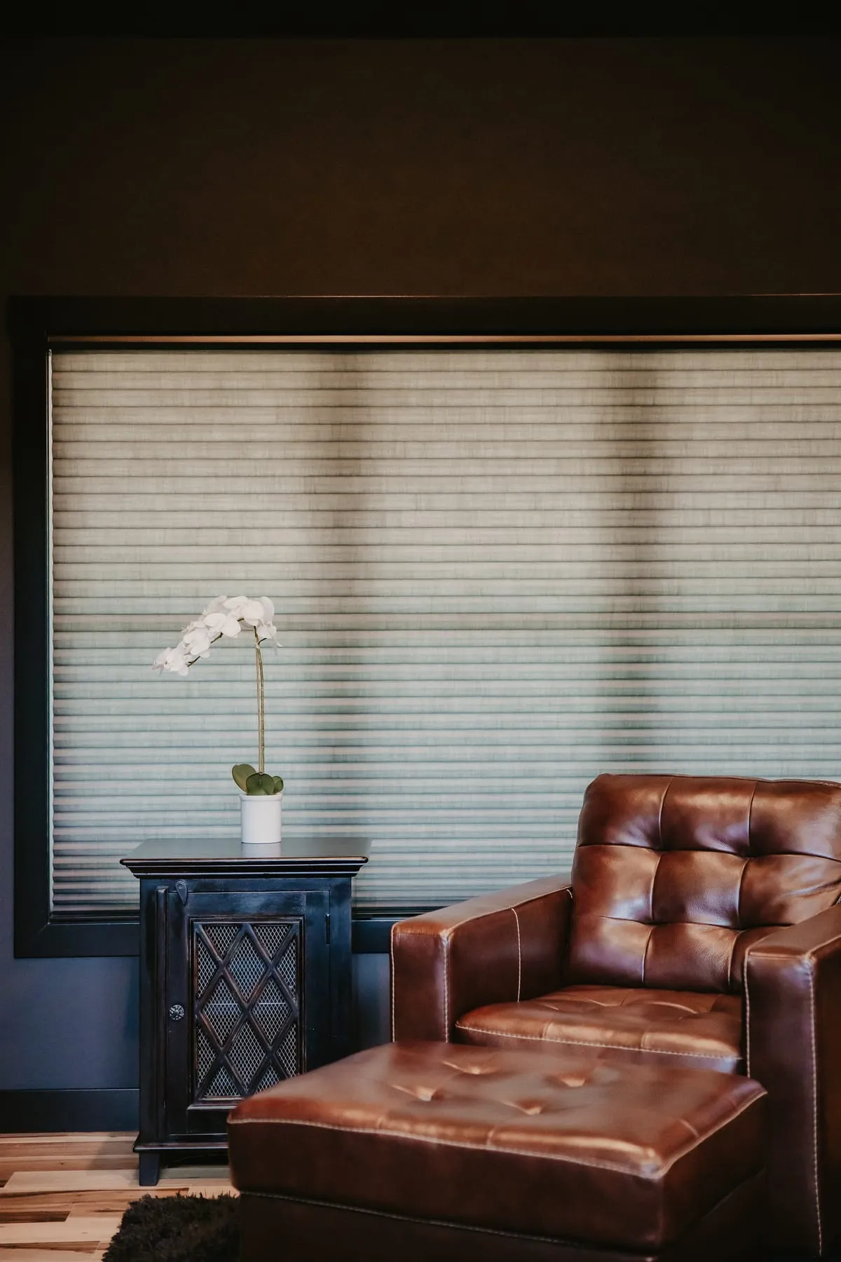 Light-filtering shade behind a leather armchair