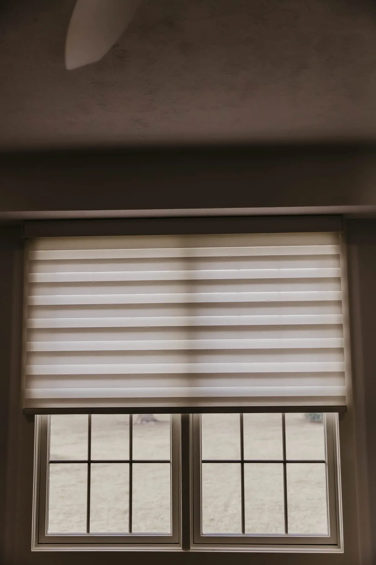 Pleated shade on a window in a dark-walled room