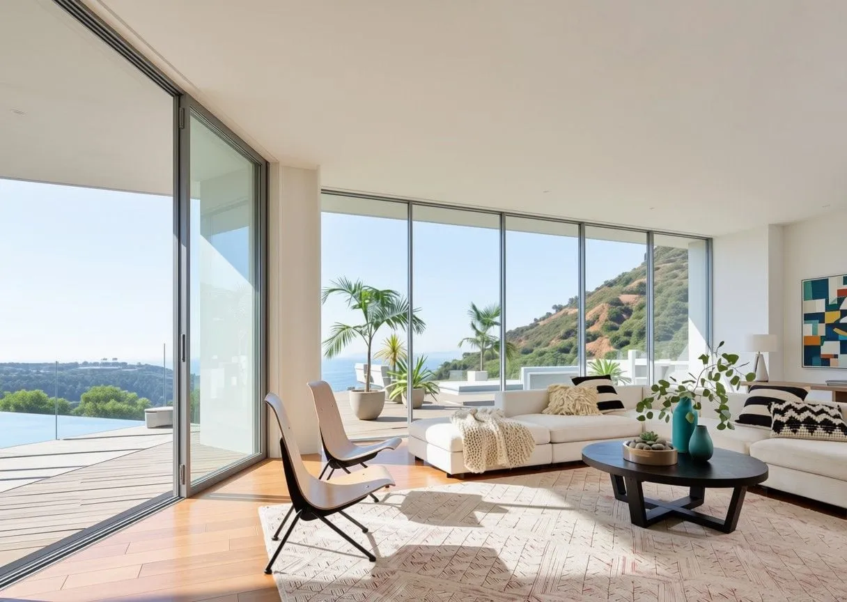 Bright living room with floor-to-ceiling windows before window treatments
