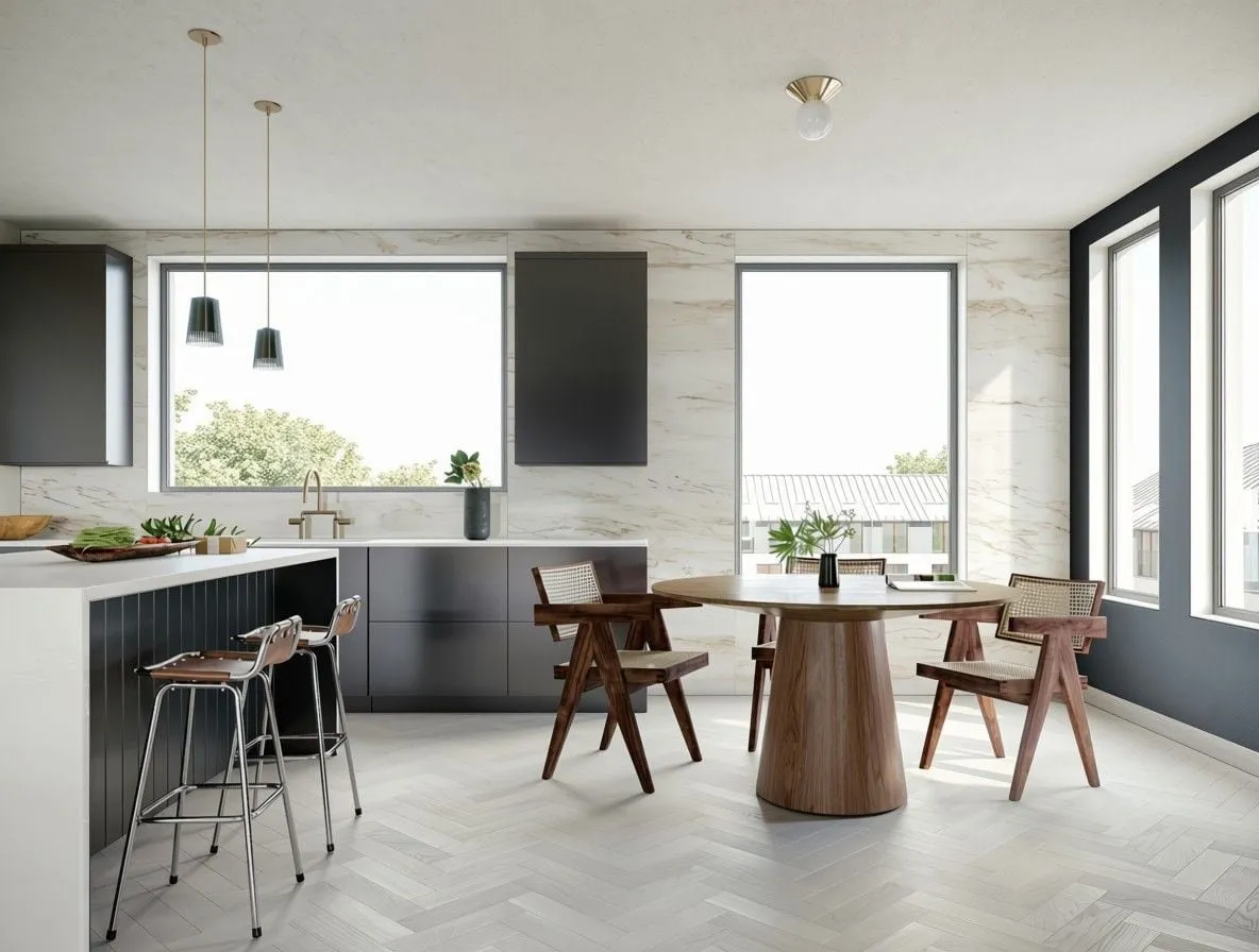 Kitchen and dining area with large windows before window treatments
