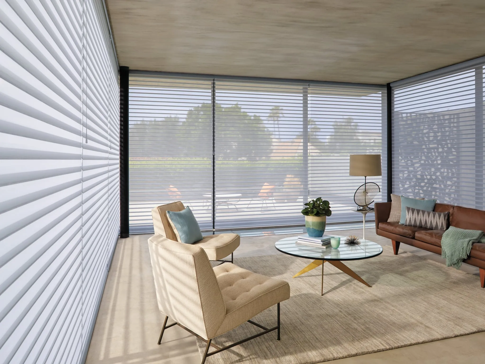 Nantucket™ window shadings on a corner wall of windows in a living room