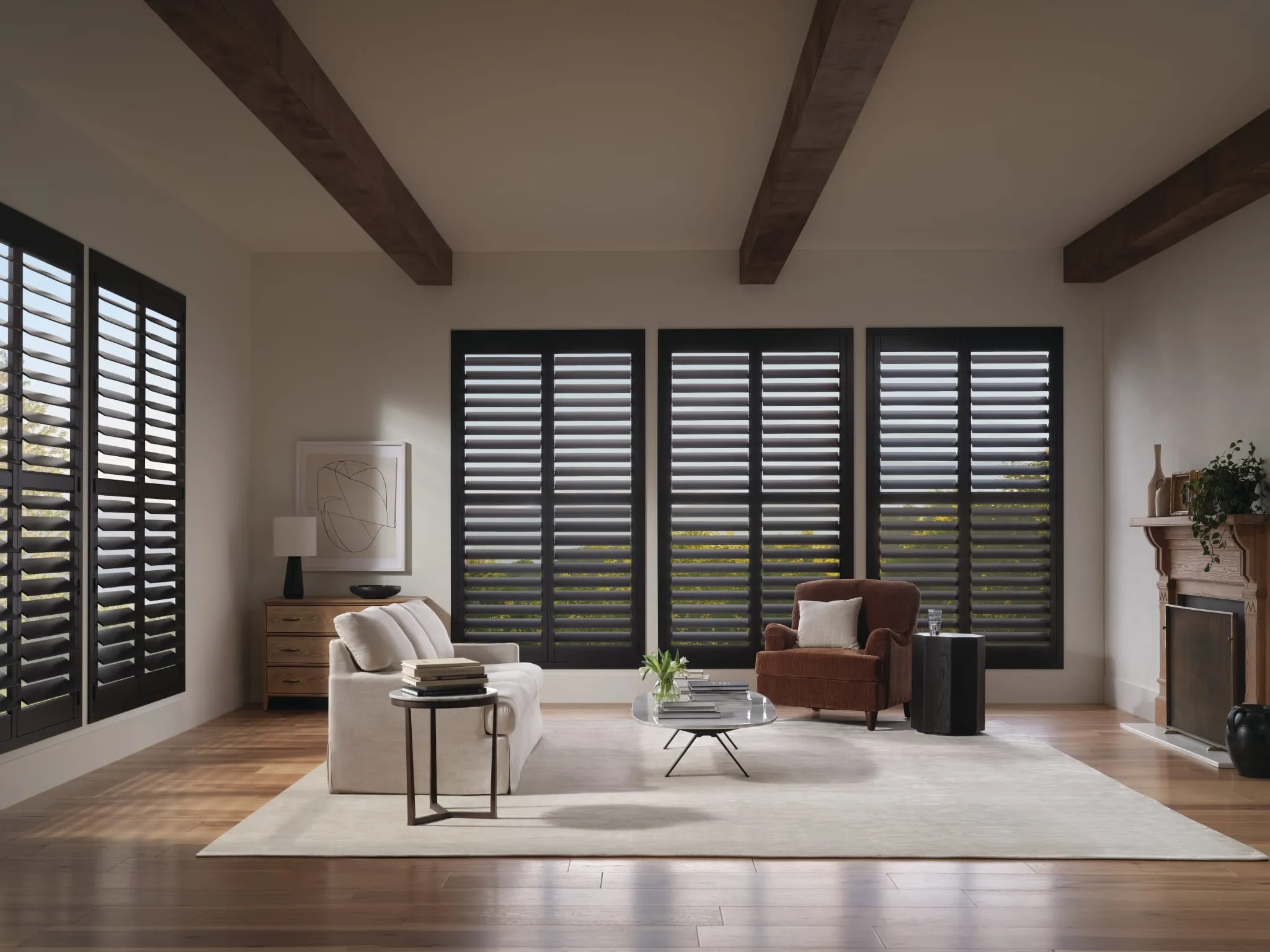 NewStyle® hybrid shutters in black in a living room