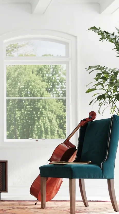 Arched window beside a teal chair and cello, before window treatments