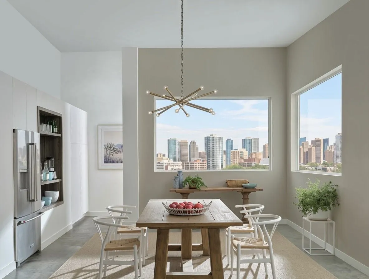 Dining room with city-view windows before window treatments
