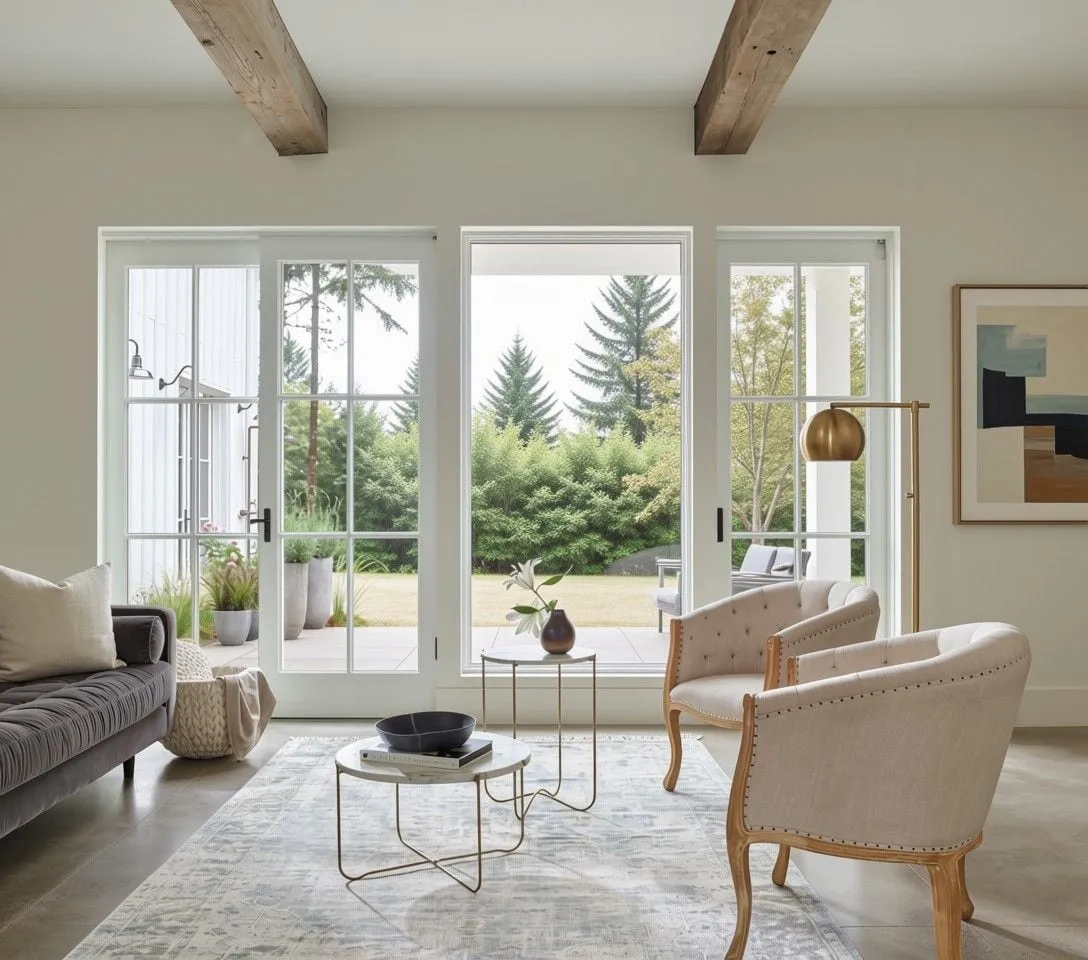 Living room with a wall of French doors before window treatments