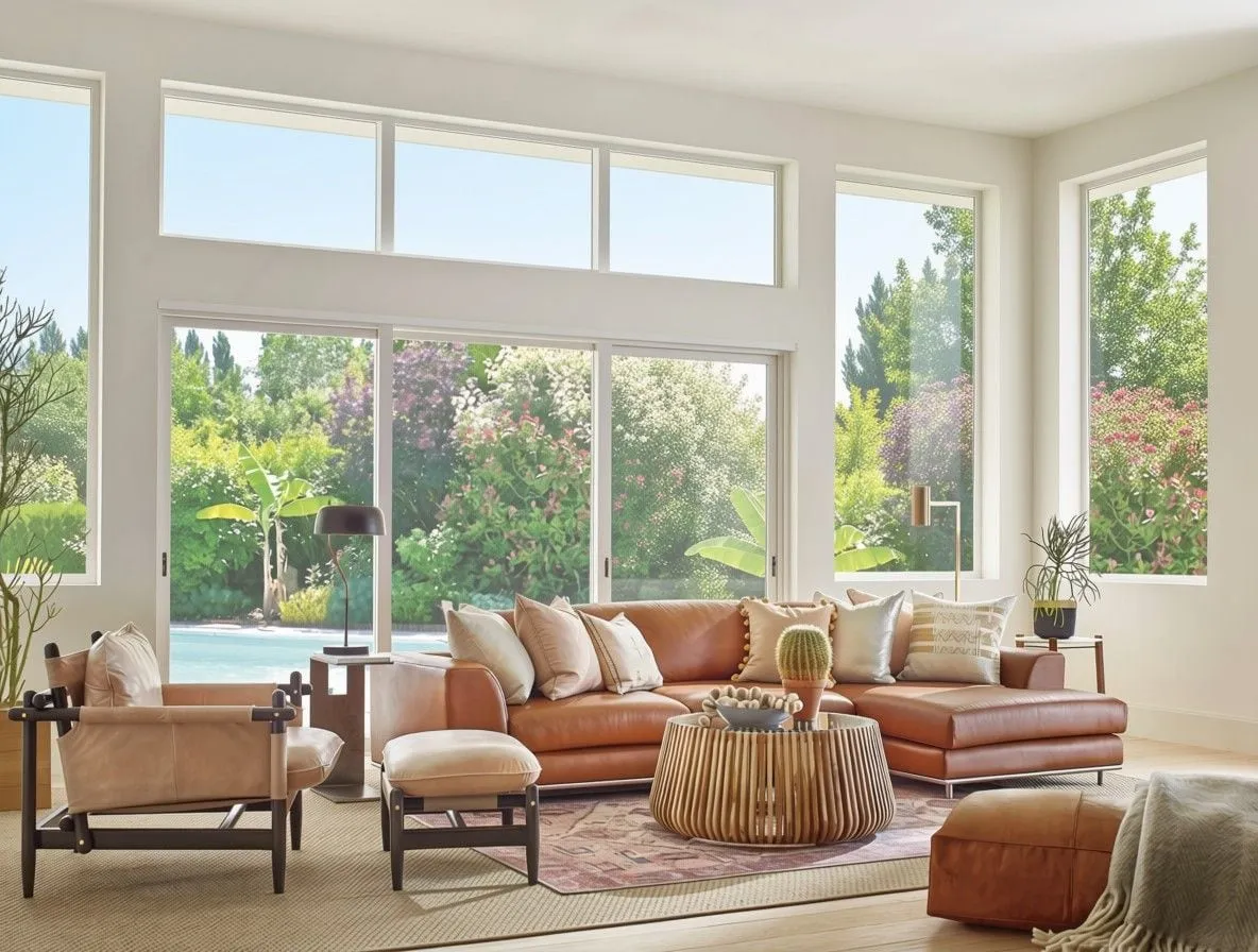 Living room with wide windows and a sliding door before window treatments
