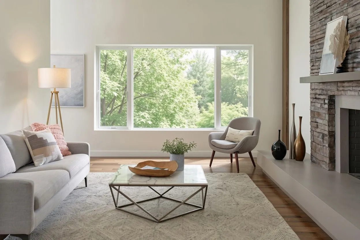 Living room picture window by a stone fireplace before window treatments