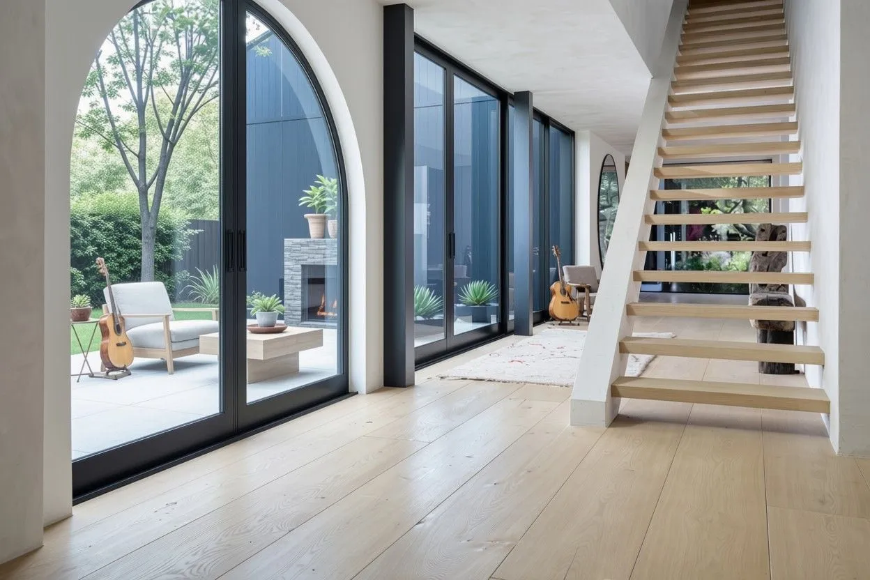 Open stairway hall with tall arched windows before window treatments